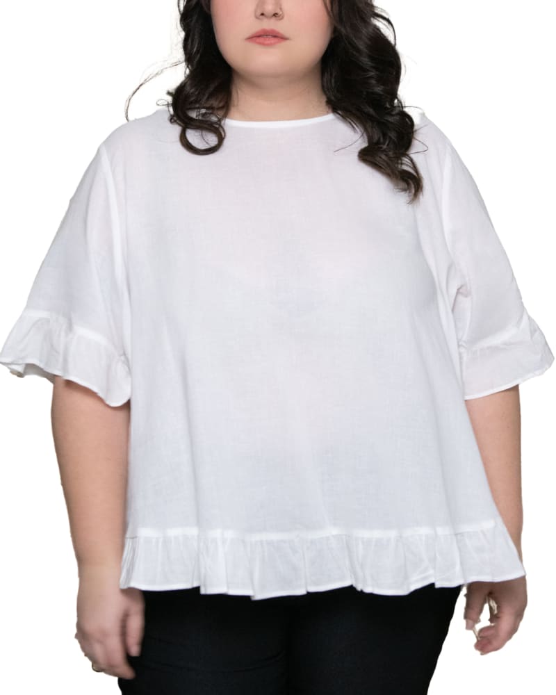 Front of a model wearing a size 2X Mylene Top Relaxed Linen Blend Frilled High Low Hem in White by ANNICK. | dia_product_style_image_id:282081
